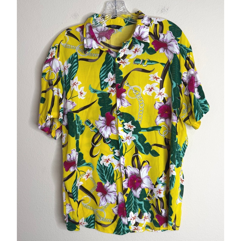 COOFANDY Button Up Shirt Mens L Yellow Tropical Floral Chain Print Short Sleeve